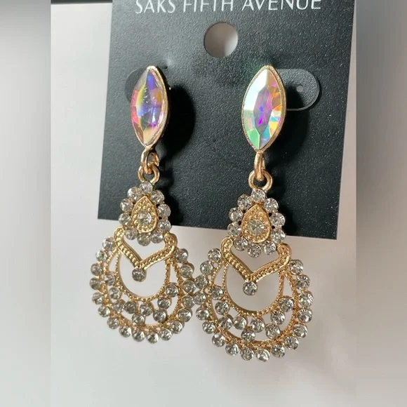 Saks Fifth Avenue Gold tone Boho Aurora Borealis Rhinestone Pierced Earrings New - Picture 3 of 5